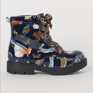 RARE Kelzuki for H&M Patent Combat Boots with Animal Print and leopard laces